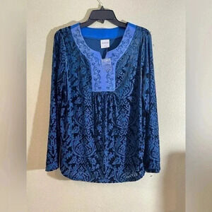 Bedford Fair Womens M Top Burnout Flocked  Split Neck Rhinestones Nylon Poly